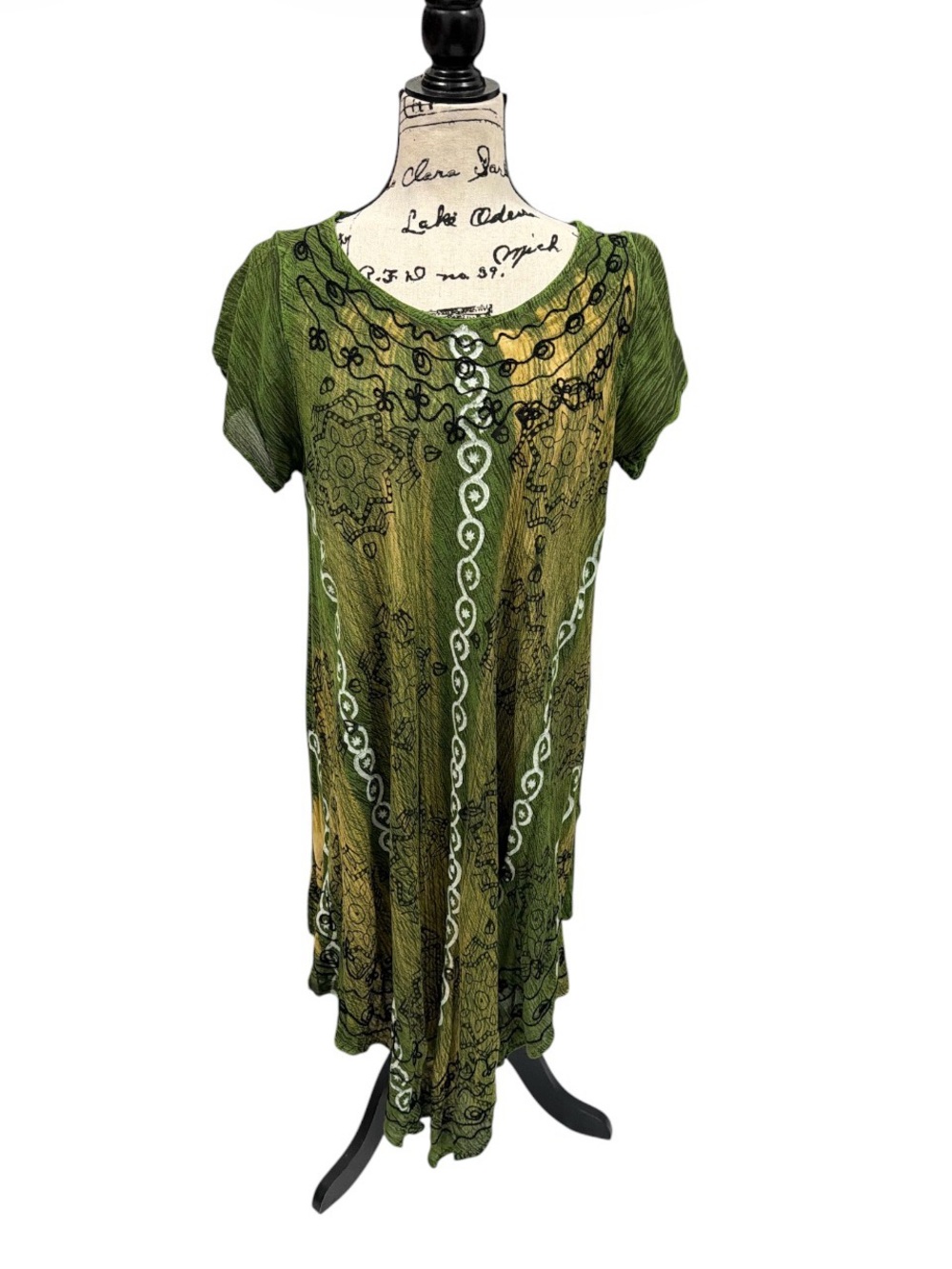 Riviera Sun Olive Green Boho Dress Women’s XL Embroidered Beaded Short Sleeve